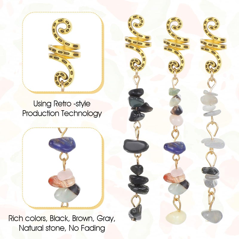 Tyqour 6PCS Hair Jewelry for Braids, Natural Stone Hair Braid Accessories, Colored Crystal Charms for Braids Dreadlock, Gold Spirals Cuffs Rings for Women Girls, Rave Festival Hairstyle Decoration - Image 3
